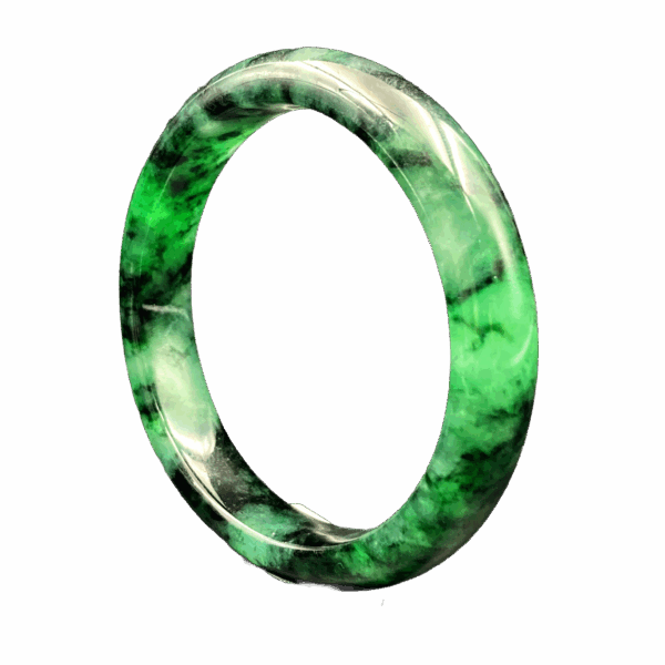 A close-up of a translucent icy jadeite bangle with vibrant green Huaqing patterns, resting on a silk cloth. The smooth polish and natural color transitions highlight its elegance and craftsmanship.