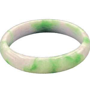 A close-up of a stunning White Base Green Jadeite Bangle, showcasing its smooth, semi-transparent texture with vibrant green patches against a pure white background. The round bangle design rests elegantly on a wrist, reflecting light beautifully.