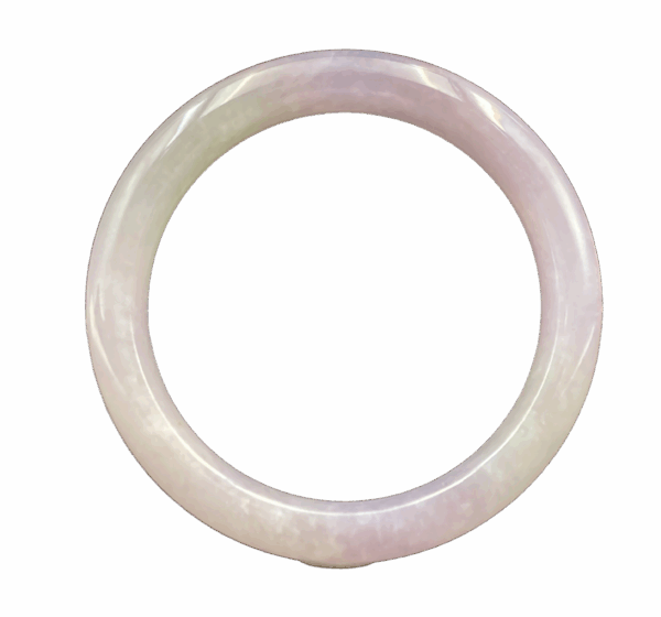 A stunning natural icy violet jadeite bangle with a smooth, glossy finish, showcasing its translucent purple hue and delicate internal textures. The round design fits elegantly on the wrist, reflecting light beautifully.