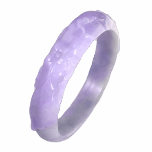 A stunning violet jadeite bracelet featuring intricate relief carvings of traditional auspicious patterns, showcasing the natural gradient and fine-grained texture of the gemstone. The elegant design and lustrous sheen make it a must-have for collectors.