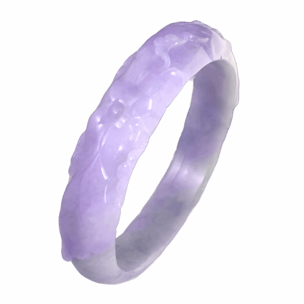 A stunning violet jadeite bracelet featuring intricate relief carvings of traditional auspicious patterns, showcasing the natural gradient and fine-grained texture of the gemstone. The elegant design and lustrous sheen make it a must-have for collectors.