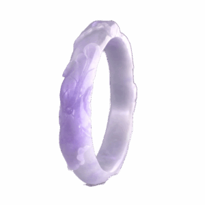 A stunning close-up of the Natural Violet Jadeite Relief Bracelet, showcasing its intricate floral relief carvings and rich violet hue against a soft background. The polished jadeite surface reflects light beautifully, highlighting its fine texture and craftsmanship.
