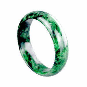 A close-up of the Natural Flower Jadeite Bracelet showcasing its smooth, polished surface and stunning marbled green and white hues. The round-bar design fits comfortably on the wrist, highlighting its natural elegance.