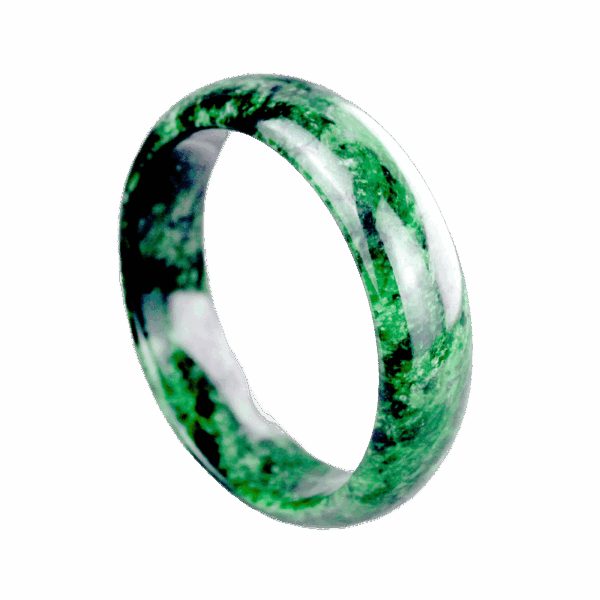 A close-up of the Natural Flower Jadeite Bracelet showcasing its smooth, polished surface and stunning marbled green and white hues. The round-bar design fits comfortably on the wrist, highlighting its natural elegance.