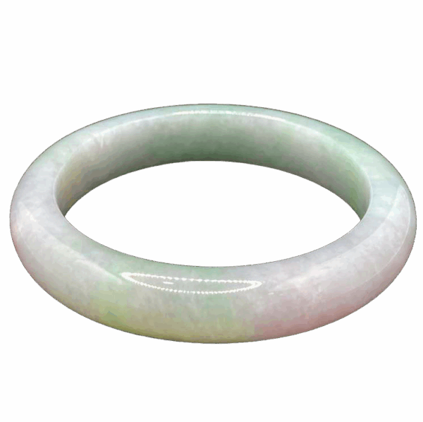 A stunning Natural Emerald Spring-with-Color Bracelet with smooth, lustrous jade in delicate lavender and green hues, elegantly displayed on a wrist. The colors blend naturally, highlighting its fine craftsmanship and timeless beauty.