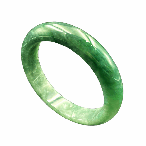 A stunning icy green jadeite bangle with a smooth, glossy finish, showcasing vibrant, evenly distributed color and fine craftsmanship.