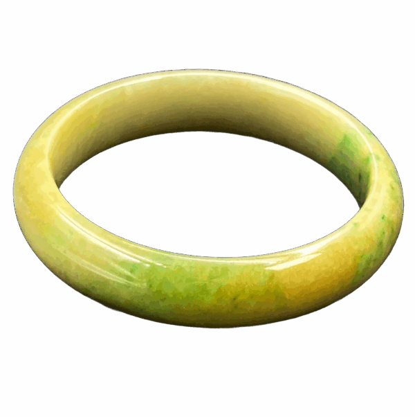 A smooth, polished natural jadeite bangle showcasing a harmonious blend of warm yellow and vibrant green hues. The round-shaped design fits comfortably on the wrist, reflecting light beautifully for an elegant and classic look.
