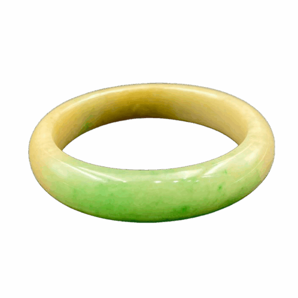 A stunning Natural Yellow-and-Green Jadeite Bracelet with seamless color transitions, delicate texture, and classic round-bar design, showcasing the elegance of untreated Grade-A jadeite.
