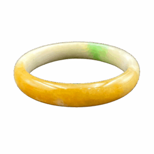A stunning close-up of the Natural Emerald Yellow-and-Green Bracelet, showcasing its rare yellow-and-green hues, smooth round-bar design, and lustrous glassy finish. The colors transition naturally, resembling honey and jade.