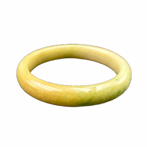 A stunning Natural Yellow-and-Green Jadeite Bracelet with smooth round-bar design, showcasing a seamless blend of tender yellow and lively green hues. The polished edges and fine texture reflect light beautifully, highlighting its traditional craftsmanship.