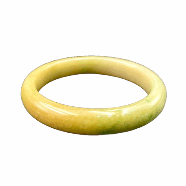 A stunning Natural Yellow-and-Green Jadeite Bracelet with smooth round-bar design, showcasing a seamless blend of tender yellow and lively green hues. The polished edges and fine texture reflect light beautifully, highlighting its traditional craftsmanship.
