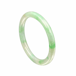 A stunning Natural Jadeite Bai Di Qing Concubine Bracelet featuring smooth, white jadeite with vibrant green patches, elegantly designed for a comfortable fit on the wrist.