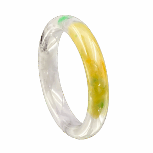A stunning Natural Ice-type Yellow-and-Green Black-spotted Jade Bracelet, showcasing a smooth, translucent jade surface with vibrant yellow and green hues intertwined with artistic black-spotted patterns. The bracelet’s polished round-bar design ensures a comfortable fit, highlighting its natural beauty and craftsmanship.