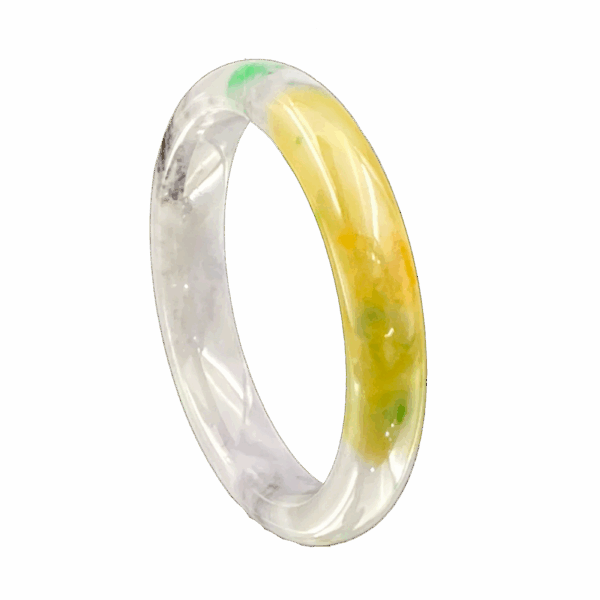 A stunning Natural Ice-type Yellow-and-Green Black-spotted Jade Bracelet, showcasing a smooth, translucent jade surface with vibrant yellow and green hues intertwined with artistic black-spotted patterns. The bracelet’s polished round-bar design ensures a comfortable fit, highlighting its natural beauty and craftsmanship.