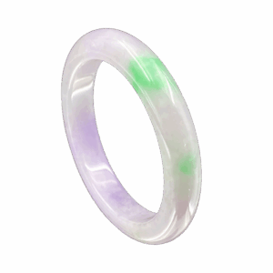 A stunning close-up of the Natural Ice-Type Violet and Vivid Green Jadeite Bracelet, showcasing its clear, icy texture and the seamless blend of violet and vivid green colors. The smooth, polished round-strip design enhances its elegance, making it a must-have for jadeite lovers.