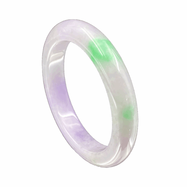 A stunning close-up of the Natural Ice-Type Violet and Vivid Green Jadeite Bracelet, showcasing its clear, icy texture and the seamless blend of violet and vivid green colors. The smooth, polished round-strip design enhances its elegance, making it a must-have for jadeite lovers.