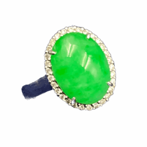 A stunning oval cabochon douqing jadeite ring set in 18K white gold, encircled by dazzling diamonds, showcasing a harmonious fusion of luxury and craftsmanship.