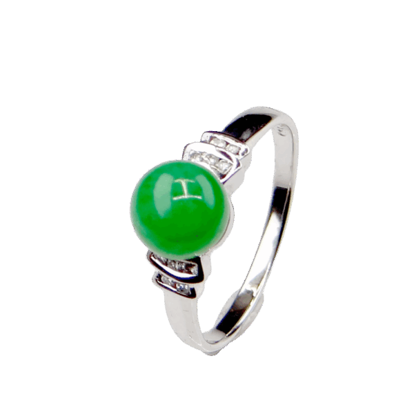 A stunning Natural Douqing Jade Ring featuring a rich green jade centerpiece, elegantly set in polished 18K white gold and adorned with sparkling micro-set diamonds.