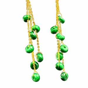 A pair of elegant Natural Jadeite Beaded Tassel Earrings featuring deep green jadeite beads (8mm diameter) connected to 18K gold-plated chains, showcasing a graceful layered design with a smooth, polished finish.