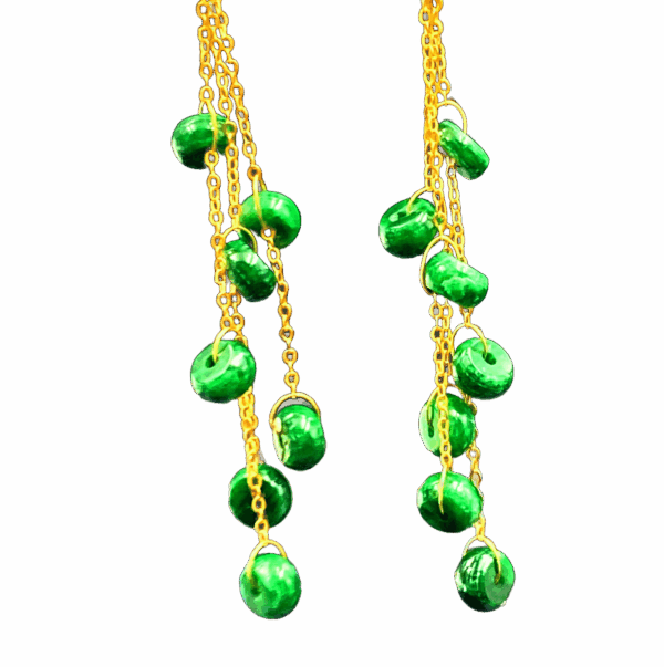 A pair of elegant Natural Jadeite Beaded Tassel Earrings featuring deep green jadeite beads (8mm diameter) connected to 18K gold-plated chains, showcasing a graceful layered design with a smooth, polished finish.