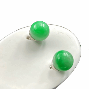 Elegant Bai Di Qing jadeite earrings featuring smooth, round 7.9mm beads with striking green and white contrast, set in minimalist 18K white gold for a modern yet classic look.