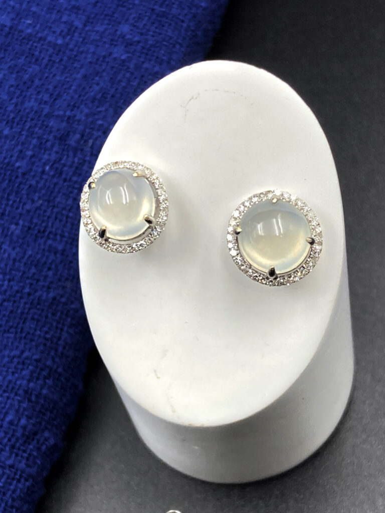 Natural High - Ice Jadeite Egg - Shaped Stud Earrings Set in 18K White Gold with Diamonds