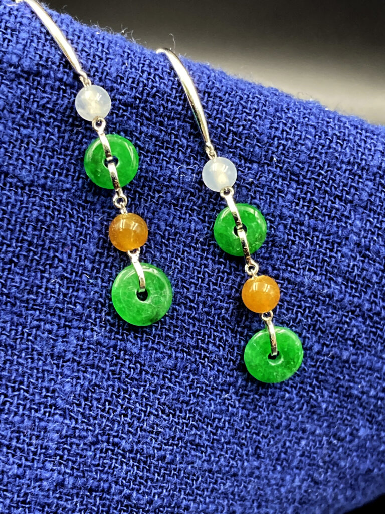 Natural Ice-Type Flowering Green Jadeite Small Peace Button Earrings