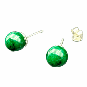 A pair of stunning Natural Huaqing Jadeite Earrings featuring rich green jadeite beads with natural dark green veins, elegantly set in 18K white gold with screw-back posts for secure wear.