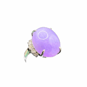 A stunning oval-shaped ice-type violet jadeite cabochon ring, set in lustrous platinum and accented with sparkling diamonds, showcasing timeless elegance.
