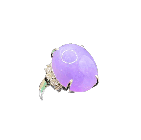 A stunning oval-shaped ice-type violet jadeite cabochon ring, set in lustrous platinum and accented with sparkling diamonds, showcasing timeless elegance.
