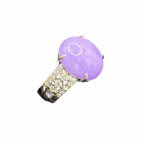Natural Ice-type Violet Jadeite Cabochon Ring Set with Platinum and Diamonds