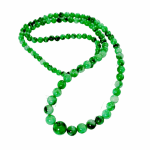 A stunning close-up of the Natural Jadeite Flower-Green Pagoda Beads Necklace, highlighting the rich emerald-green hues and intricate natural patterns of each jadeite bead. The necklace is elegantly draped, showcasing its smooth polish and lustrous glass-like finish.