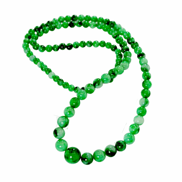 A stunning close-up of the Natural Jadeite Flower-Green Pagoda Beads Necklace, highlighting the rich emerald-green hues and intricate natural patterns of each jadeite bead. The necklace is elegantly draped, showcasing its smooth polish and lustrous glass-like finish.