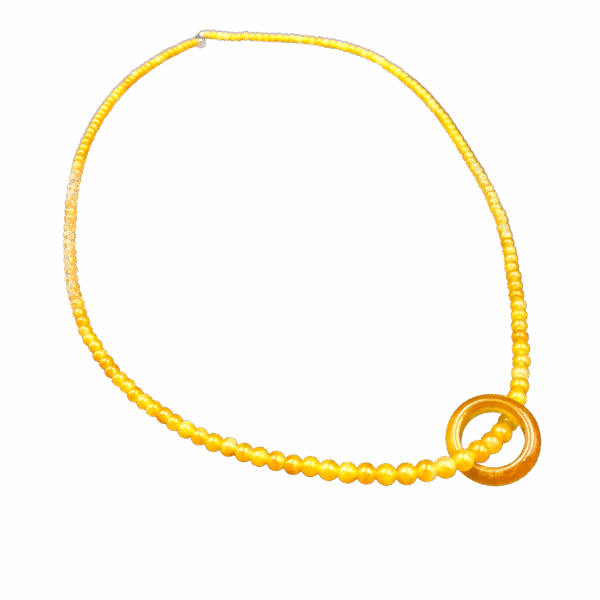 A stunning Natural Ice Yellow Jade Necklace featuring smooth, gradient-hued beads and a polished circular pendant, elegantly draped on a neutral background.