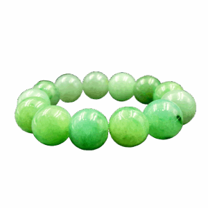 A stunning Ice-Type Jadeite Bracelet with 13 translucent beads (16mm each), showcasing floating green patterns against a cool, glassy background. The smooth, polished finish highlights its natural elegance.