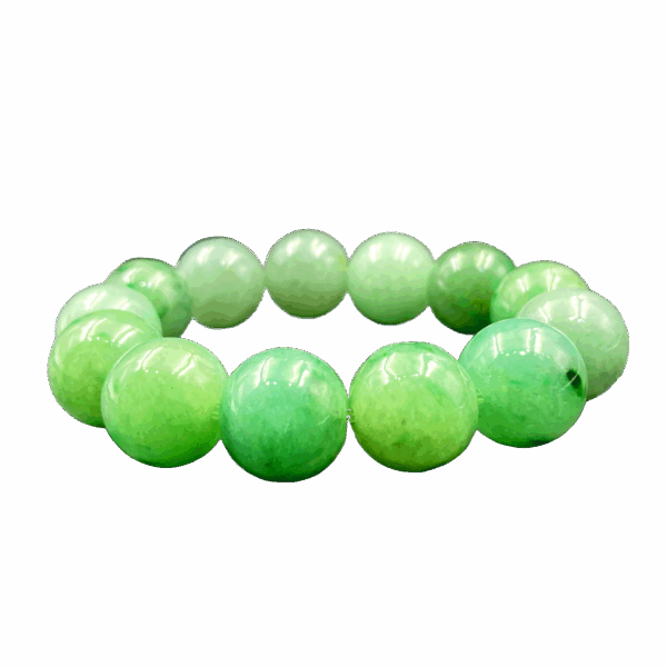 A stunning Ice-Type Jadeite Bracelet with 13 translucent beads (16mm each), showcasing floating green patterns against a cool, glassy background. The smooth, polished finish highlights its natural elegance.