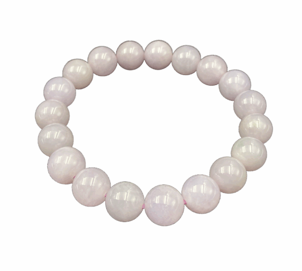A delicate lavender-white jadeite beaded bracelet, showcasing smooth, polished beads with a soft vitreous luster, elegantly strung on an elastic cord for a natural and refined look.