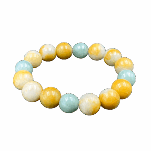 A stunning tri-color jadeite beaded bracelet showcasing harmonious yellow, white, and light green hues. Each 12mm bead is polished to a glossy finish, strung on an elastic cord for adjustable comfort. Perfect for gifting or personal collection.
