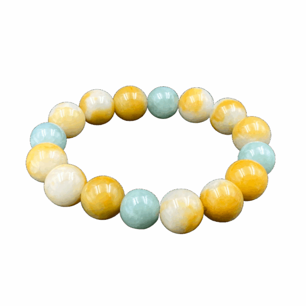 A stunning tri-color jadeite beaded bracelet showcasing harmonious yellow, white, and light green hues. Each 12mm bead is polished to a glossy finish, strung on an elastic cord for adjustable comfort. Perfect for gifting or personal collection.