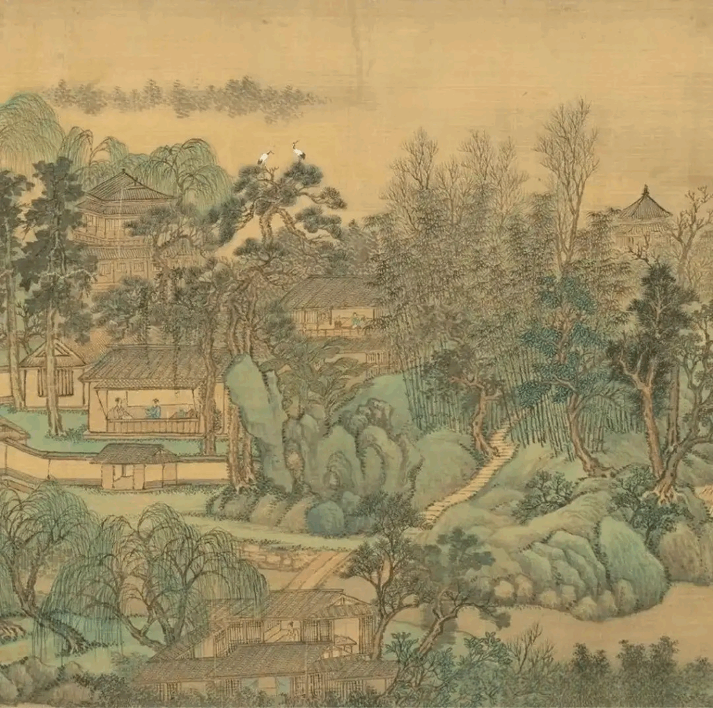 Detail of Wang Hui Cloudy Stream painting showing brushwork and architectural elements