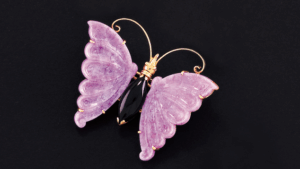 This butterfly pin has wings carved from fine lavender jadeite. The butterfly symbolizes long life. - Courtesy Mason-Kay Fine Jade Jewelry
