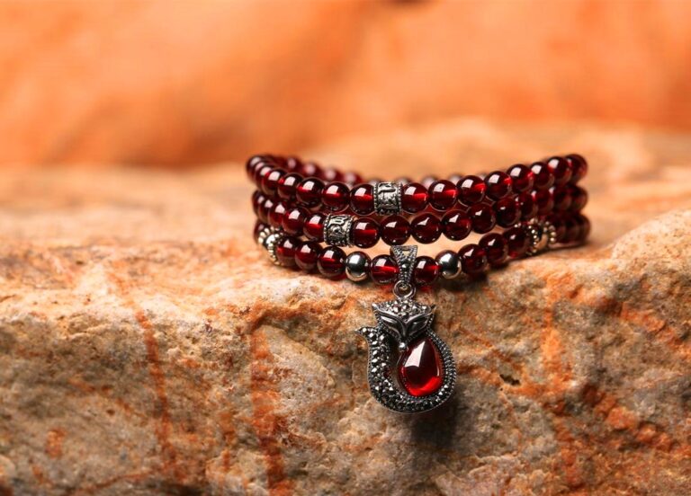 Ancient Egyptian garnet necklace display