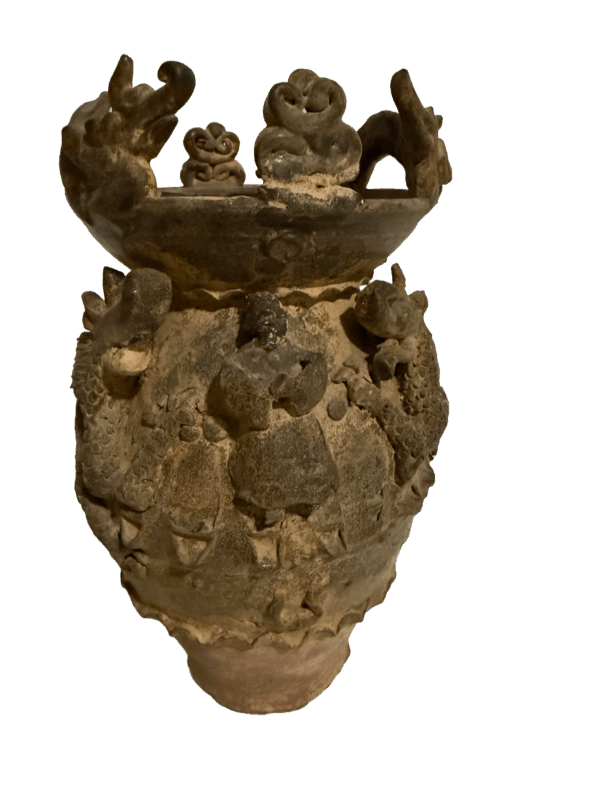 Three Kingdoms Period Stacked and Sculpted Granary Jar with Acrobatic Performances and Flying Birds