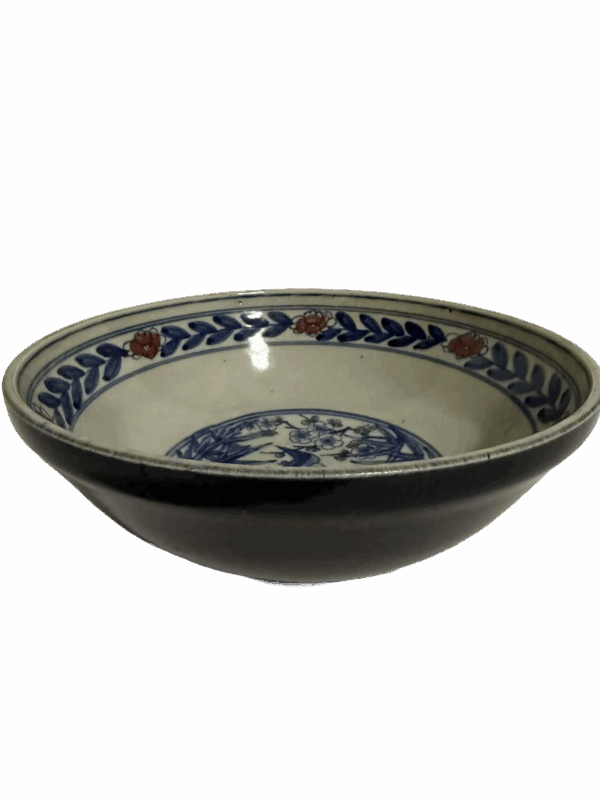 Large Blue-and-White Underglaze Red Bowl with Mandarin Ducks Playing in Water and Blue Glaze Water Patterns