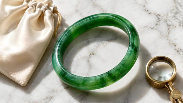 Polished green jadeite bangle on a white silk cushion, illuminated to reveal natural color and clarity