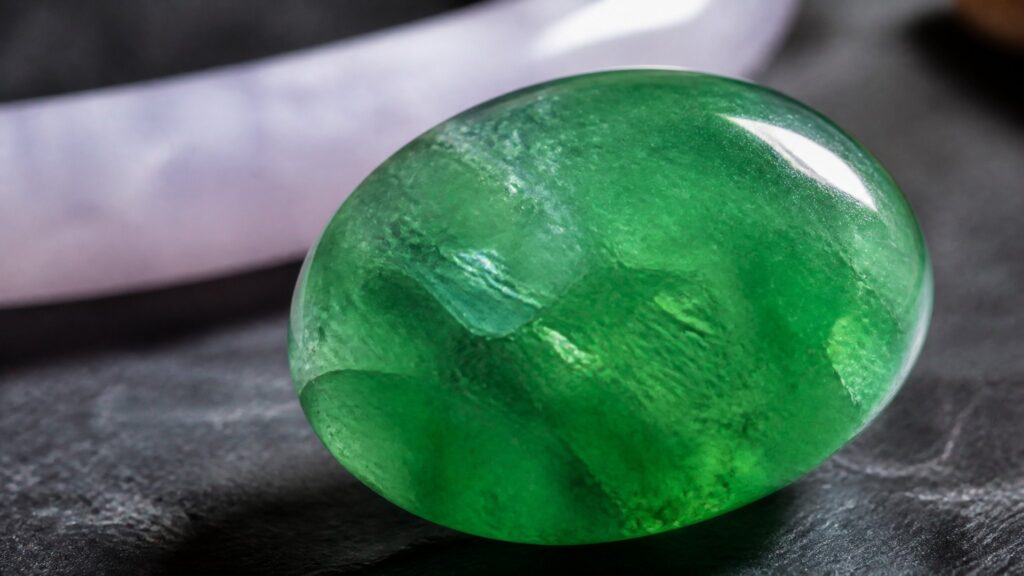 Close-up of luminous green jadeite bracelet revealing rich color and subtle translucency
