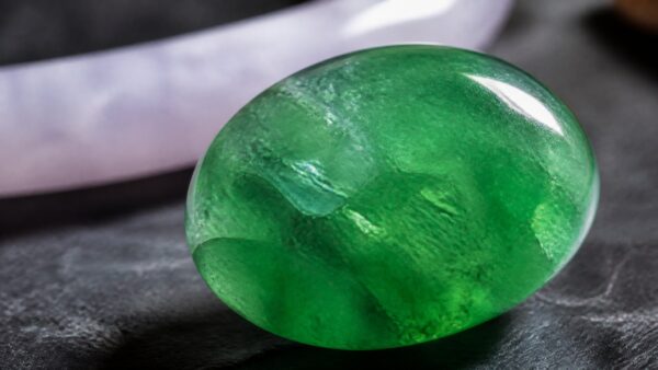 Close-up of luminous green jadeite bracelet revealing rich color and subtle translucency