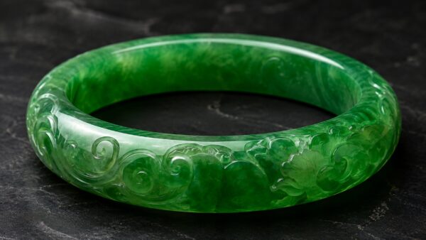 Translucent green jadeite pendant with gold clasp on velvet under gentle light