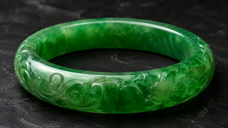 Translucent green jadeite pendant with gold clasp on velvet under gentle light