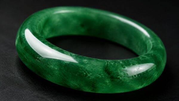 Polished green jadeite bangle on silk, soft lighting, elegant luxury mood